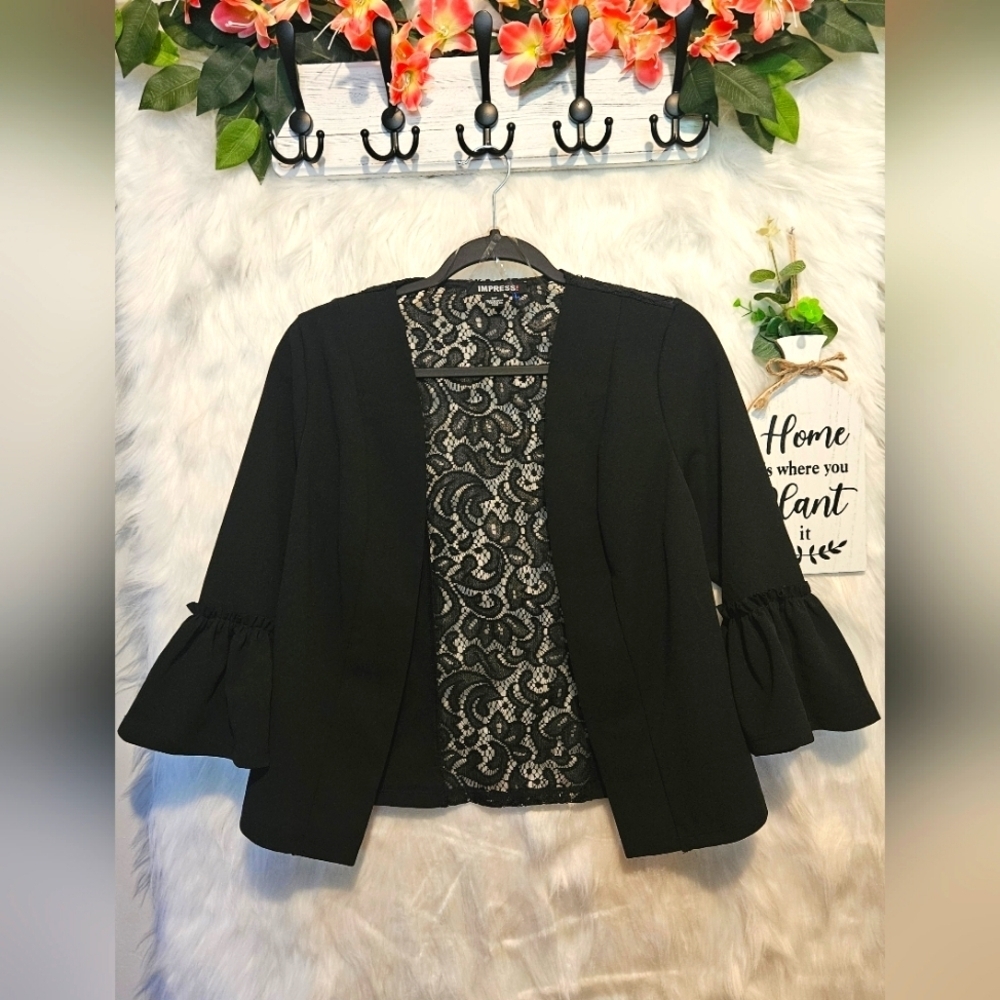 Impress Cropped Lace Back Blazer with Flared 3/4 Length Sleeves